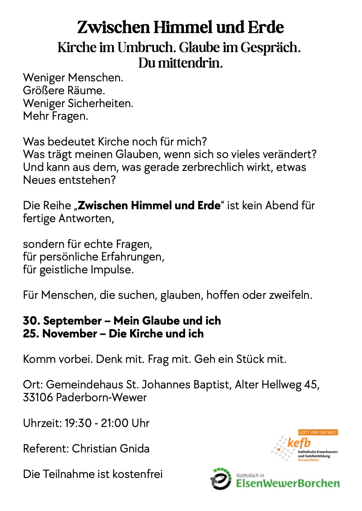 "Zwischen Himmel und Erde" – zwei thematische Abende im Rahmen der Offenen Gemeinde Wewer